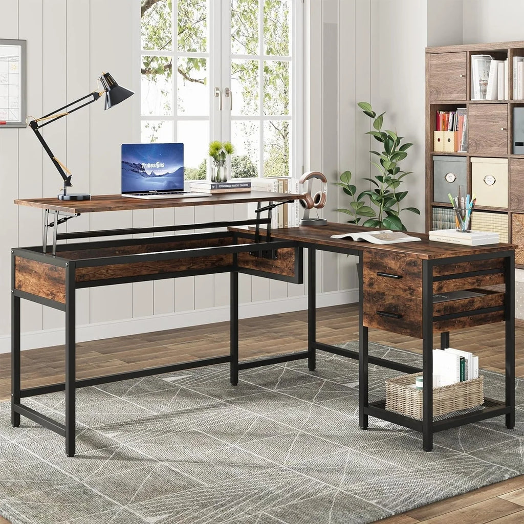 L-Shaped 59" Computer Desk with Drawers Corner Desk with Lift Top E55184