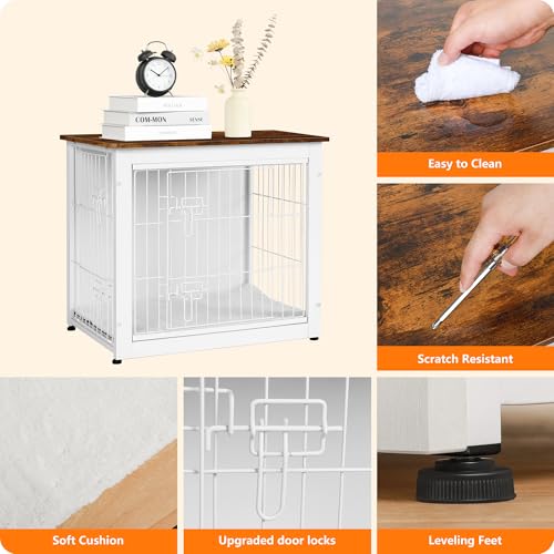 Dog Crate Furniture with Cushion, Wooden Kennel Table with Double Doors, Dark Gray M463411