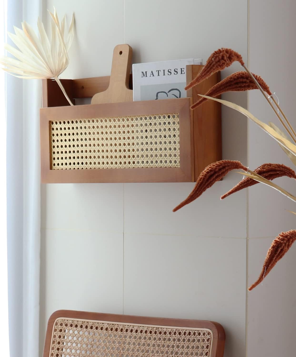 Wall Wood Magazine Rack with PE Rattan Grid, Size 17.3" x 4" x 9.4", Brown S2051