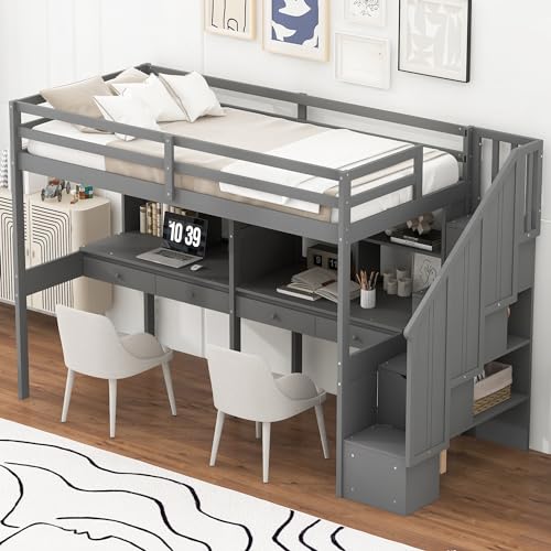 Gray Full Size Wood Loft Bed with Desk, Wardrobe and Three Storage Drawers Q4499
