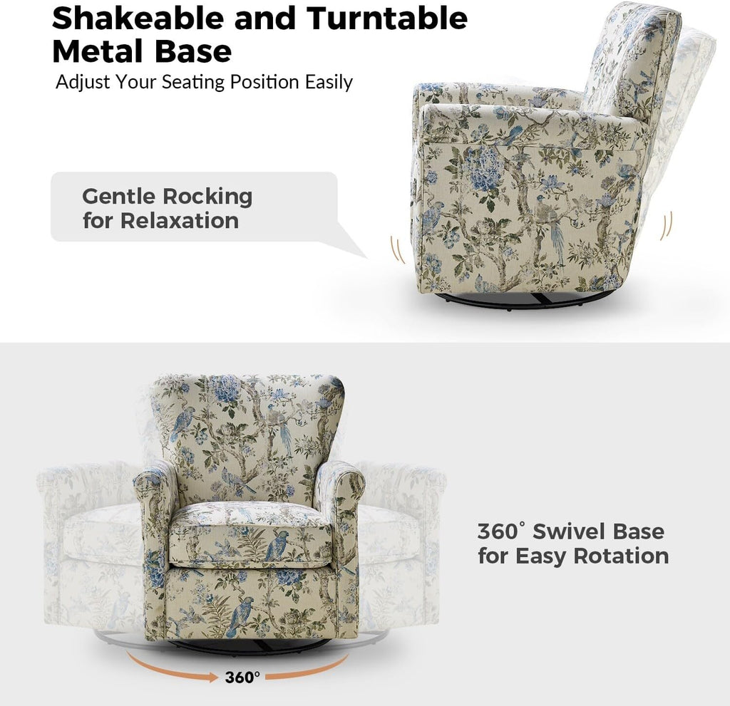 Floral Fabric Swivel Rocker Chair with Rolled Armrest V84301