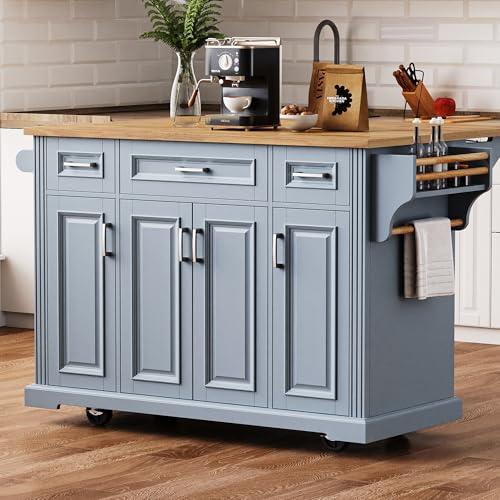 Green Large Kitchen Island with 2 Drop Leaf, 3 Drawers, 55.7" D8910