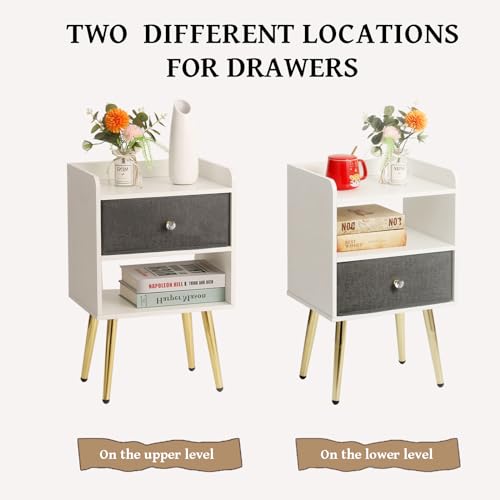 White Nightstand with Drawer Fabric Cabinet Storage with Sliding Drawers and Shelf P768