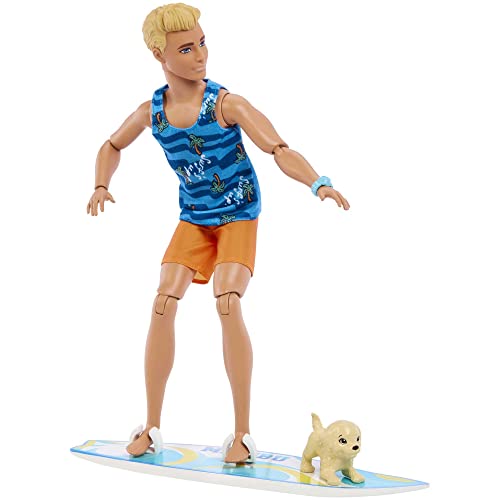 Poseable Blonde Ken Beach Doll with Surfboard and Pet Puppy Z5625
