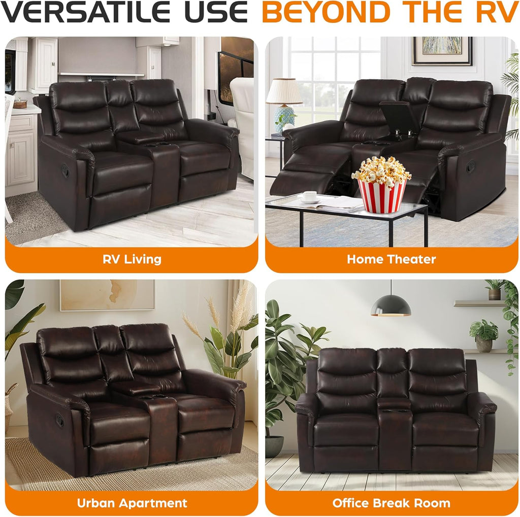 68" Wall Hugger RV Couch with Console Cup Holder Double Seat Reclining Chair Browm A10309