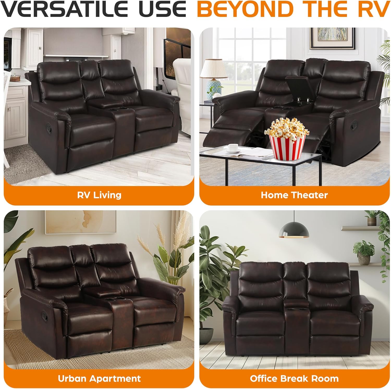 68" Wall Hugger RV Couch with Console Cup Holder Double Seat Reclining Chair Browm A10309