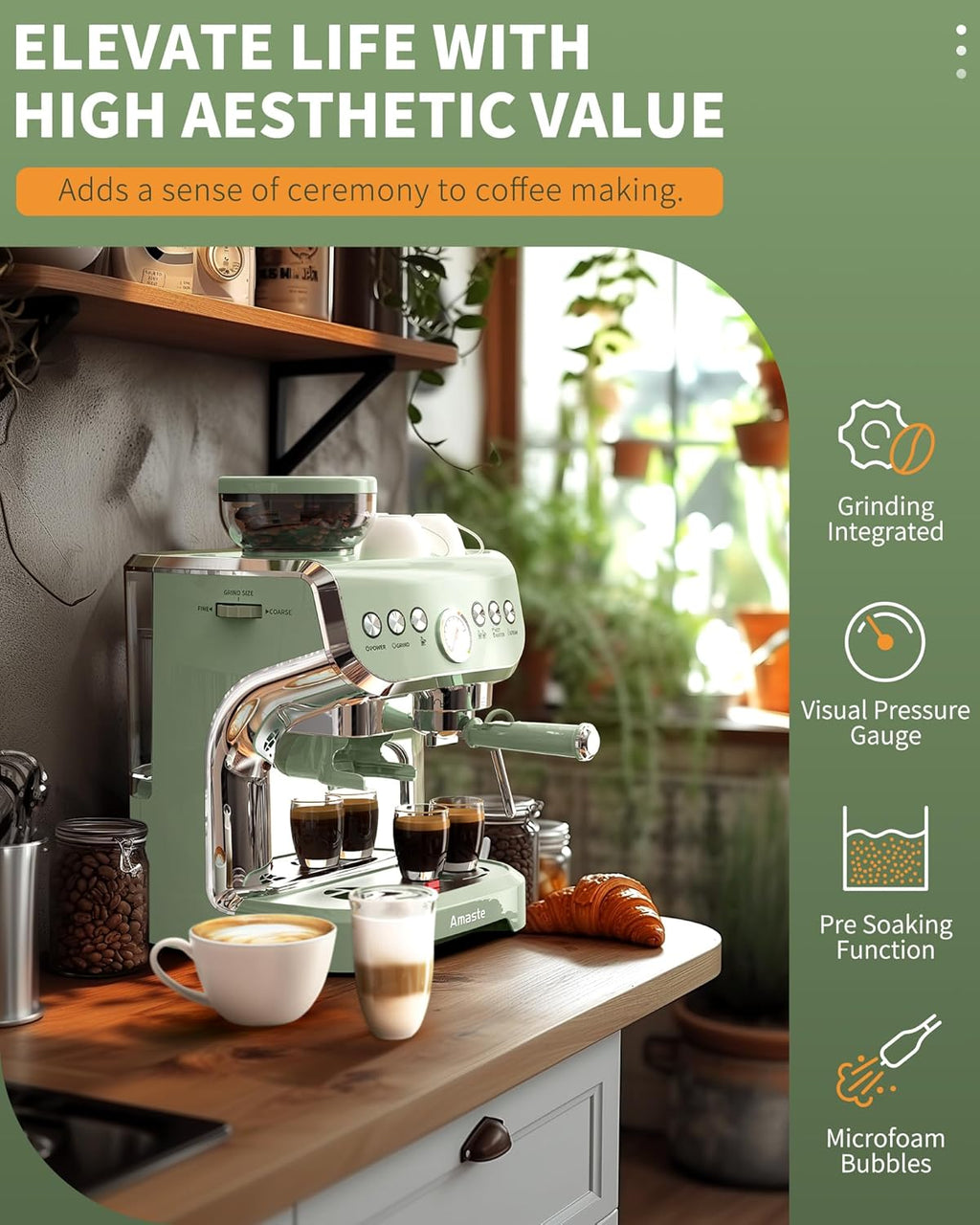 15 Bar Espresso Machine with Grinder and Steam Wand, 68Oz Water Tank, Green C952046