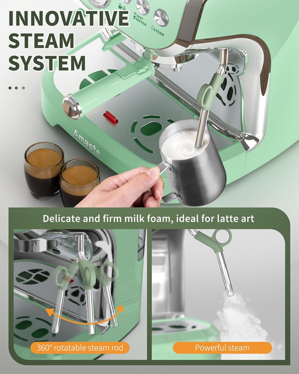 15 Bar Espresso Machine with Grinder and Steam Wand, 68Oz Water Tank, Green C952046
