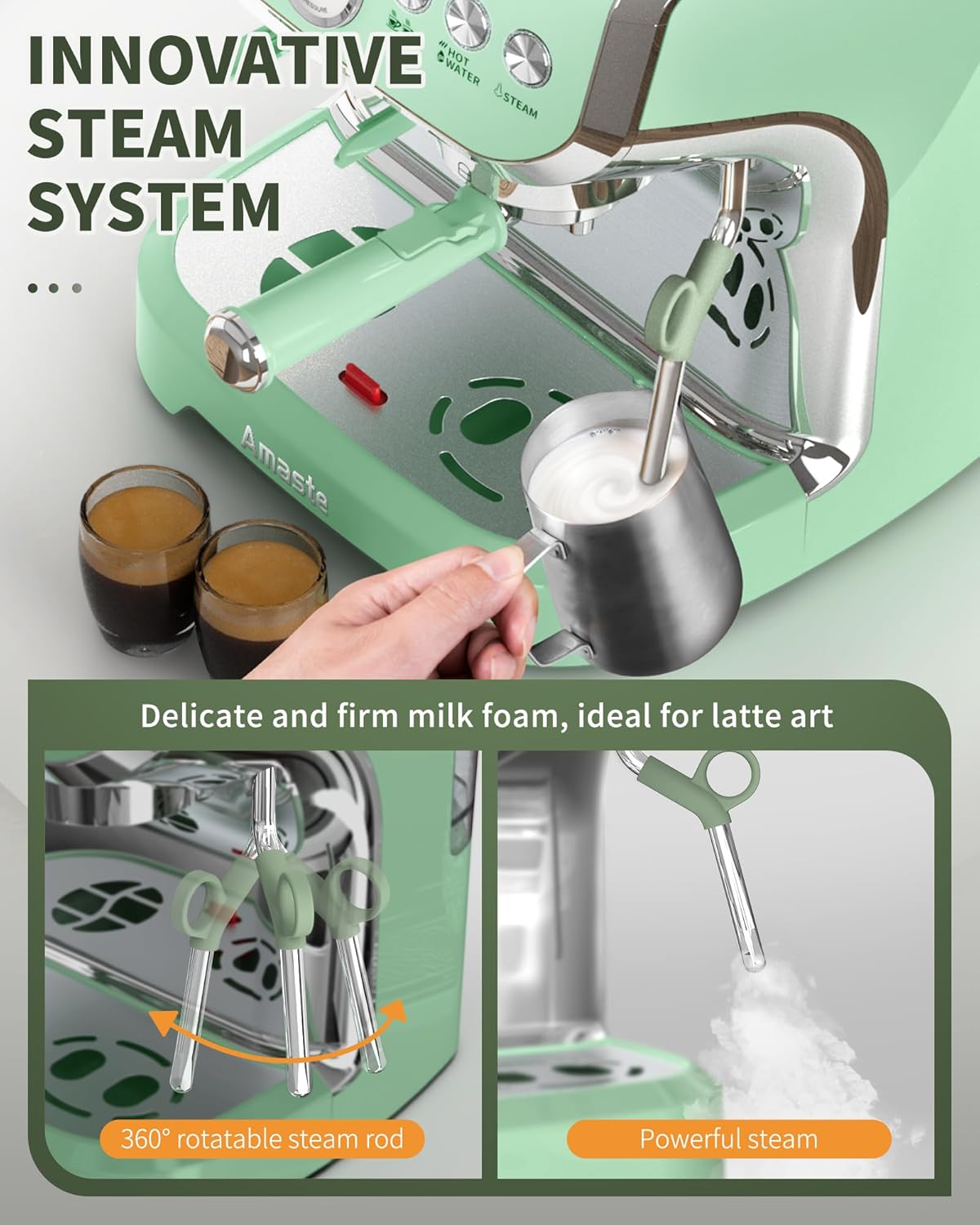 15 Bar Espresso Machine with Grinder and Steam Wand, 68Oz Water Tank, Green C952046
