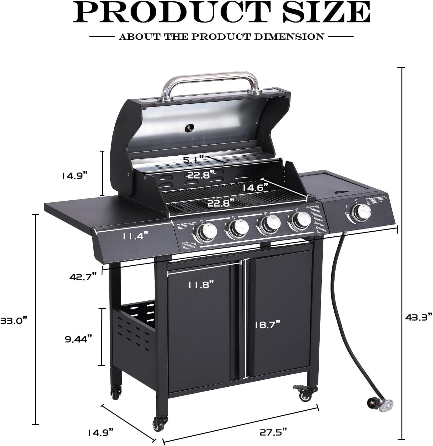 4-Burner Propane Gas BBQ Grill with Side Burner, Cast Iron 50,000 BTU Stainless Steel Grates G2278