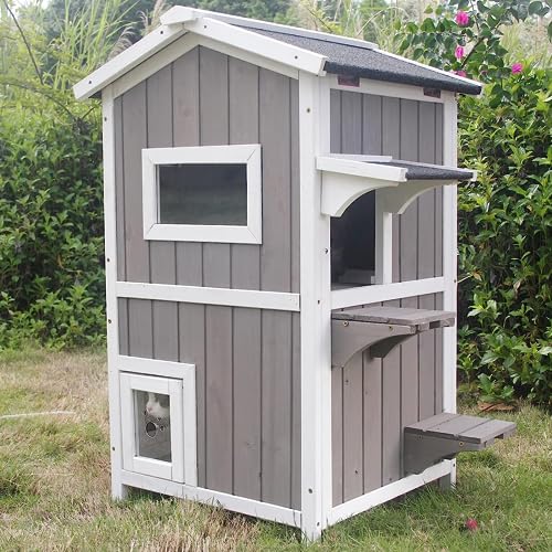 Outdoor Cat Shelter Weatherproof Two Story Wooden Cat House with Openable Roof Escape Door N765