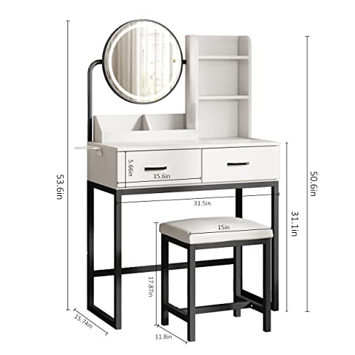 White Vanity Desk with Round Mirror and Lights and Hair Dryer Rack (Brown and Black, 15.75 * 31.5 * 53.6in) S917713