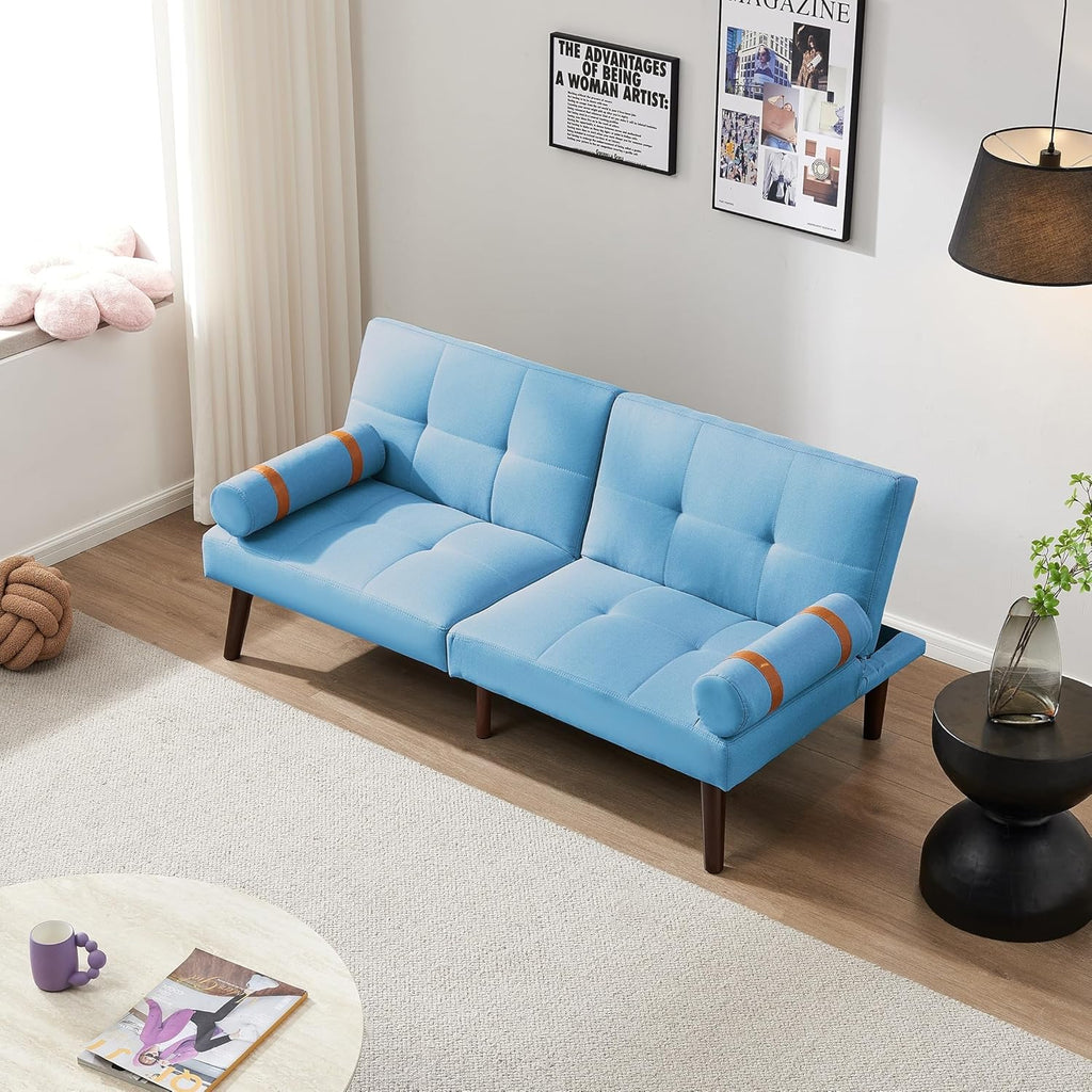 Blue Linen Futon Sofa Loveseat Convertible Sleeper Bed with Solid Wood Legs Adjustable Backrests E548818