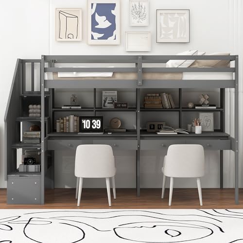 Gray Full Size Wood Loft Bed with Desk, Wardrobe and Three Storage Drawers Q4499