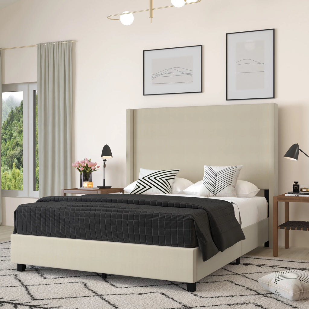 Beige Queen Size Platform Bed Frame with Padded Faux Linen Upholstered Wingback Headboard Z3555