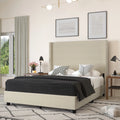 Beige Queen Size Platform Bed Frame with Padded Faux Linen Upholstered Wingback Headboard Z3555