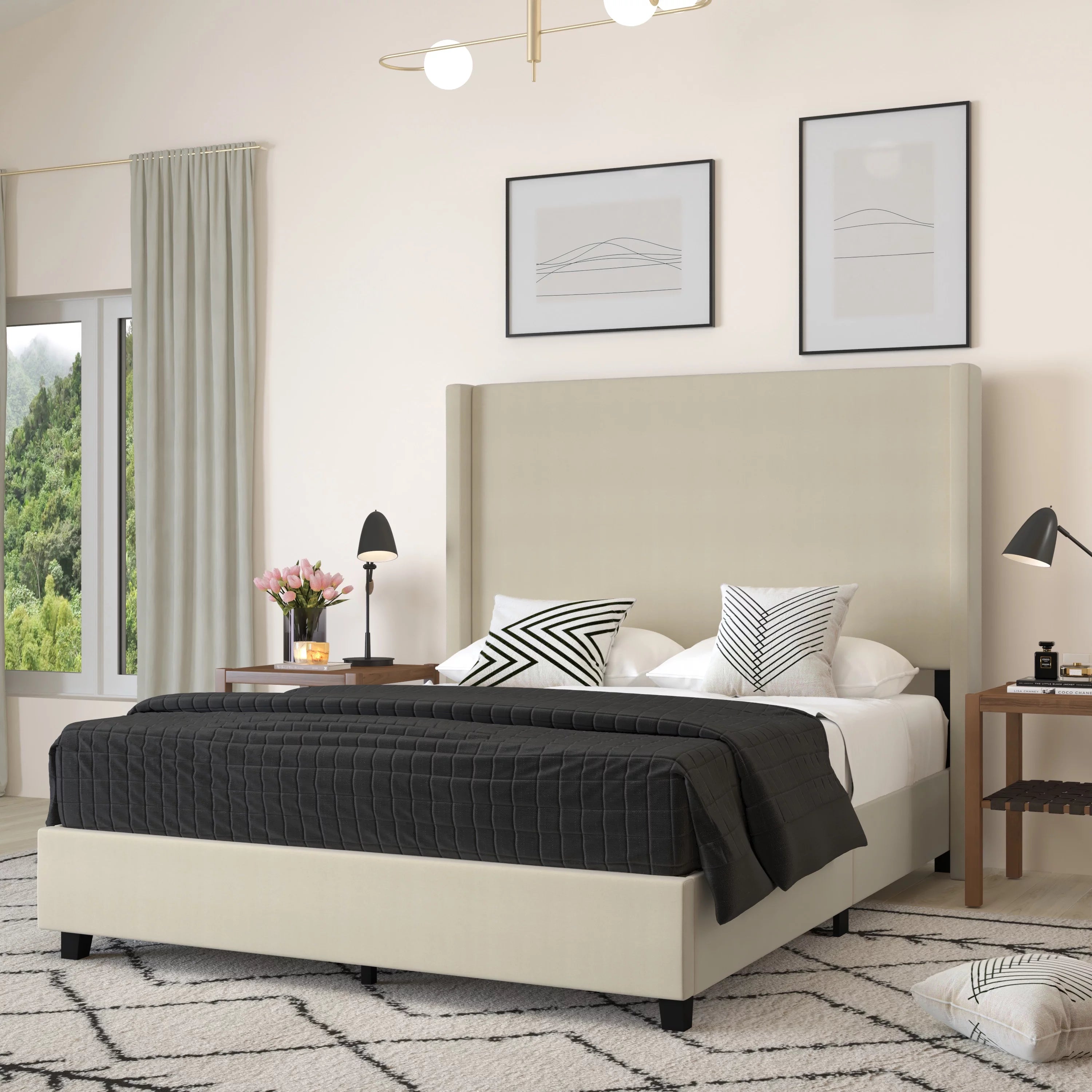 Beige Queen Size Platform Bed Frame with Padded Faux Linen Upholstered Wingback Headboard Z3555