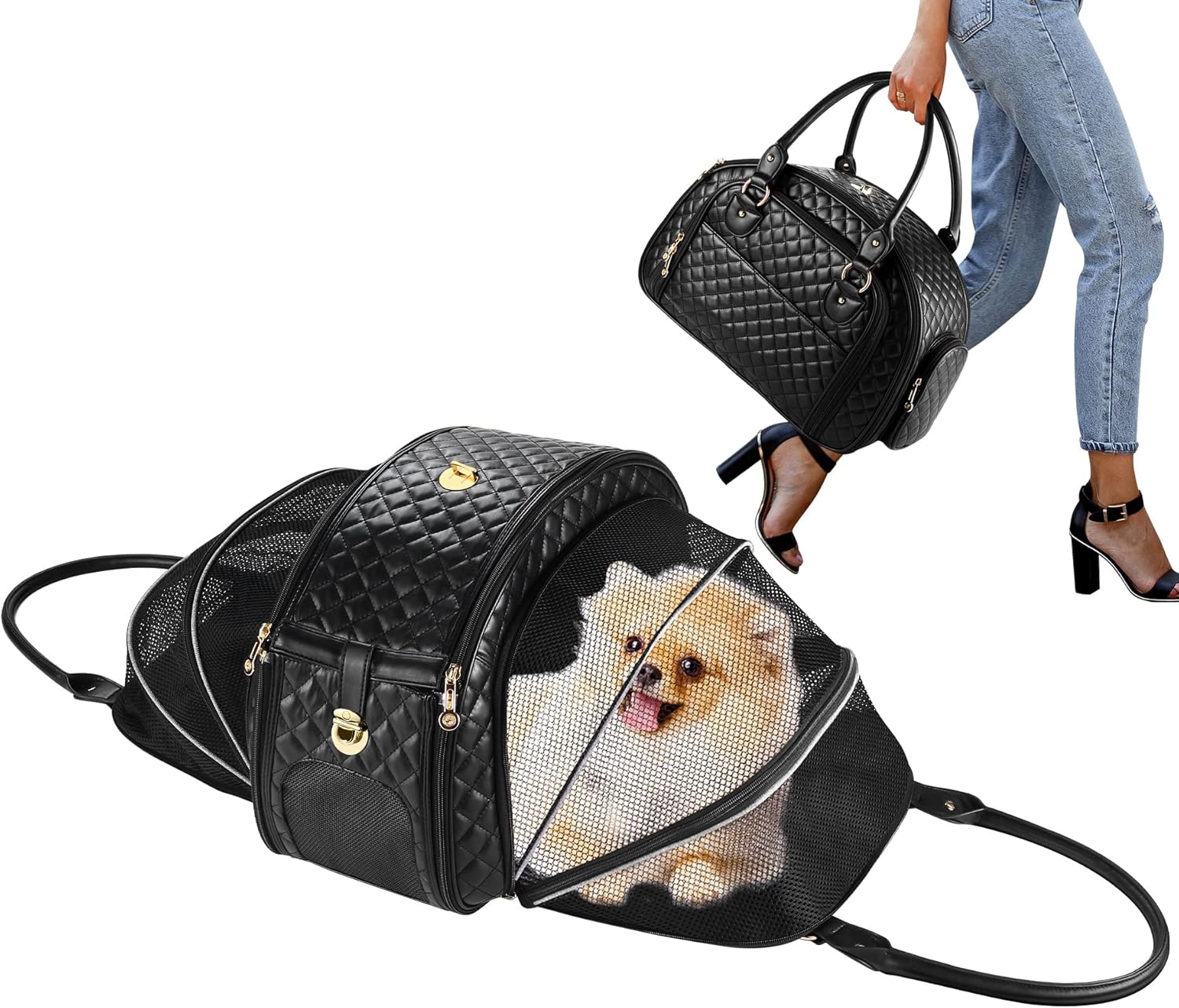 Black PU Leather Small Dog Carrier K2697