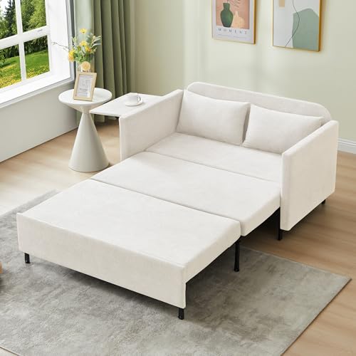 3-in-1 Sleeper Sofa Bed, 51'' Convertible Folding Couch with Pullout Bed, Chenille Futon Sleeper Sofa with Side Table and 2 Pillows, Grey X492320