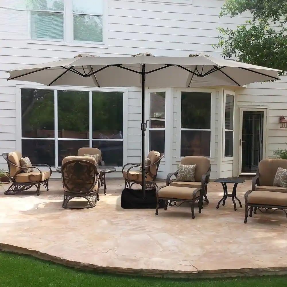 Beige 15ft Rectangular Outdoor Patio Umbrella with Hand-Crank Lift U1719