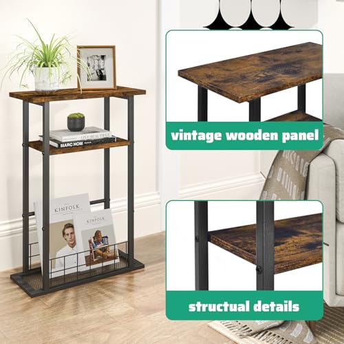 3-Tier Narrow End Table with Magazine Holder Rustic Brown Q51040