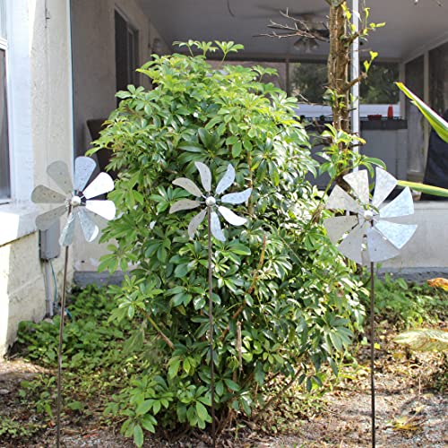 Set of 3 Galvanized Grey Wind Spinner Garden Stakes, 41 Inches High P79757