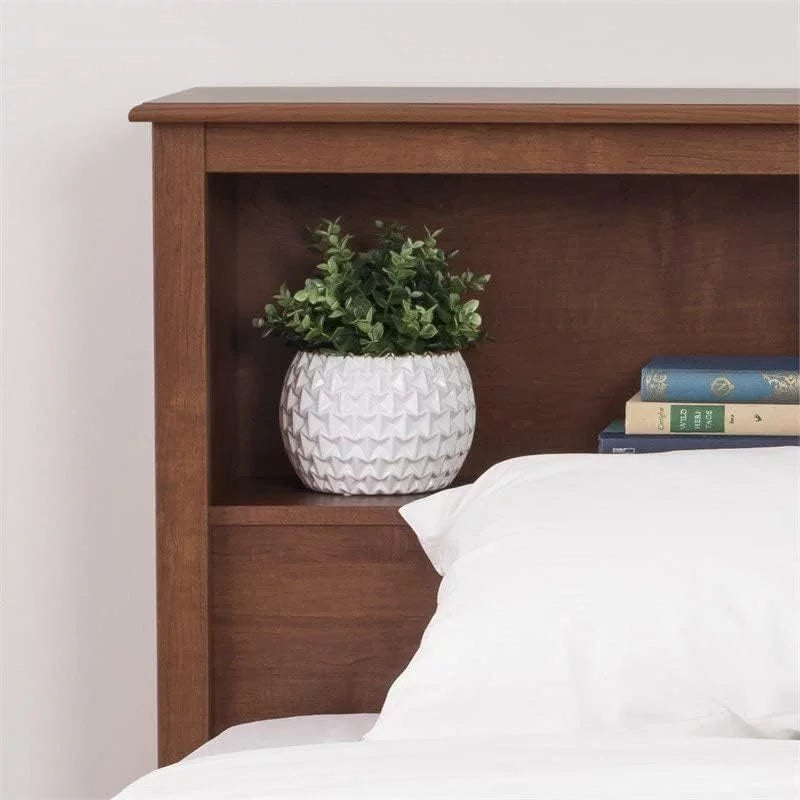 King Size Wood Bookcase Bed Headboard and Cabinet Storage in Cherry N2719