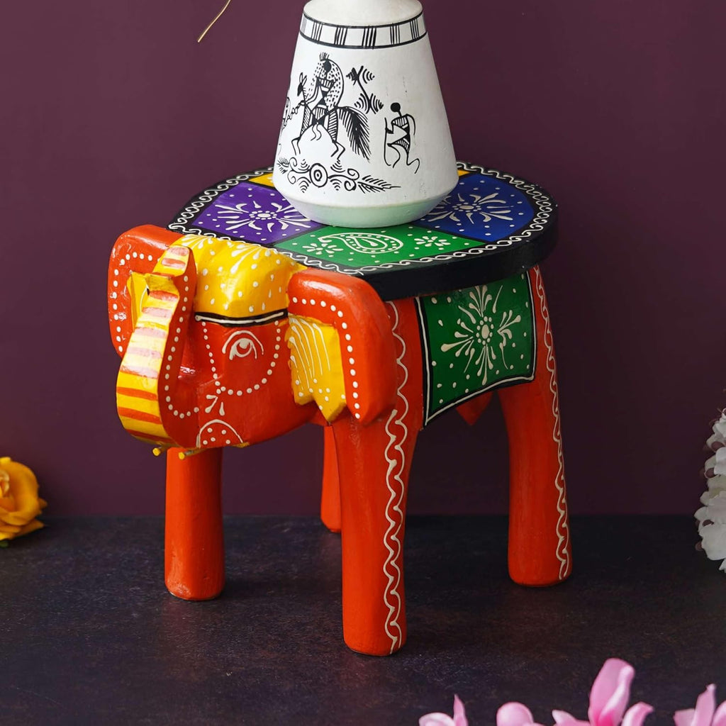 Handcrafted Emboss Painted Colorful Wooden Elephant Shape Stool Table Medium T603