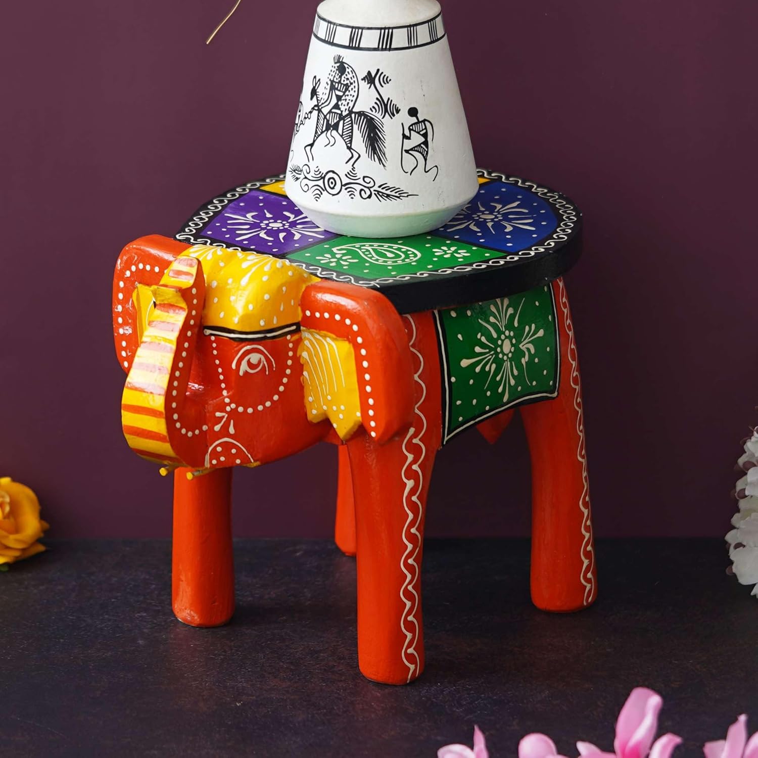 Handcrafted Emboss Painted Colorful Wooden Elephant Shape Stool Table Medium T603