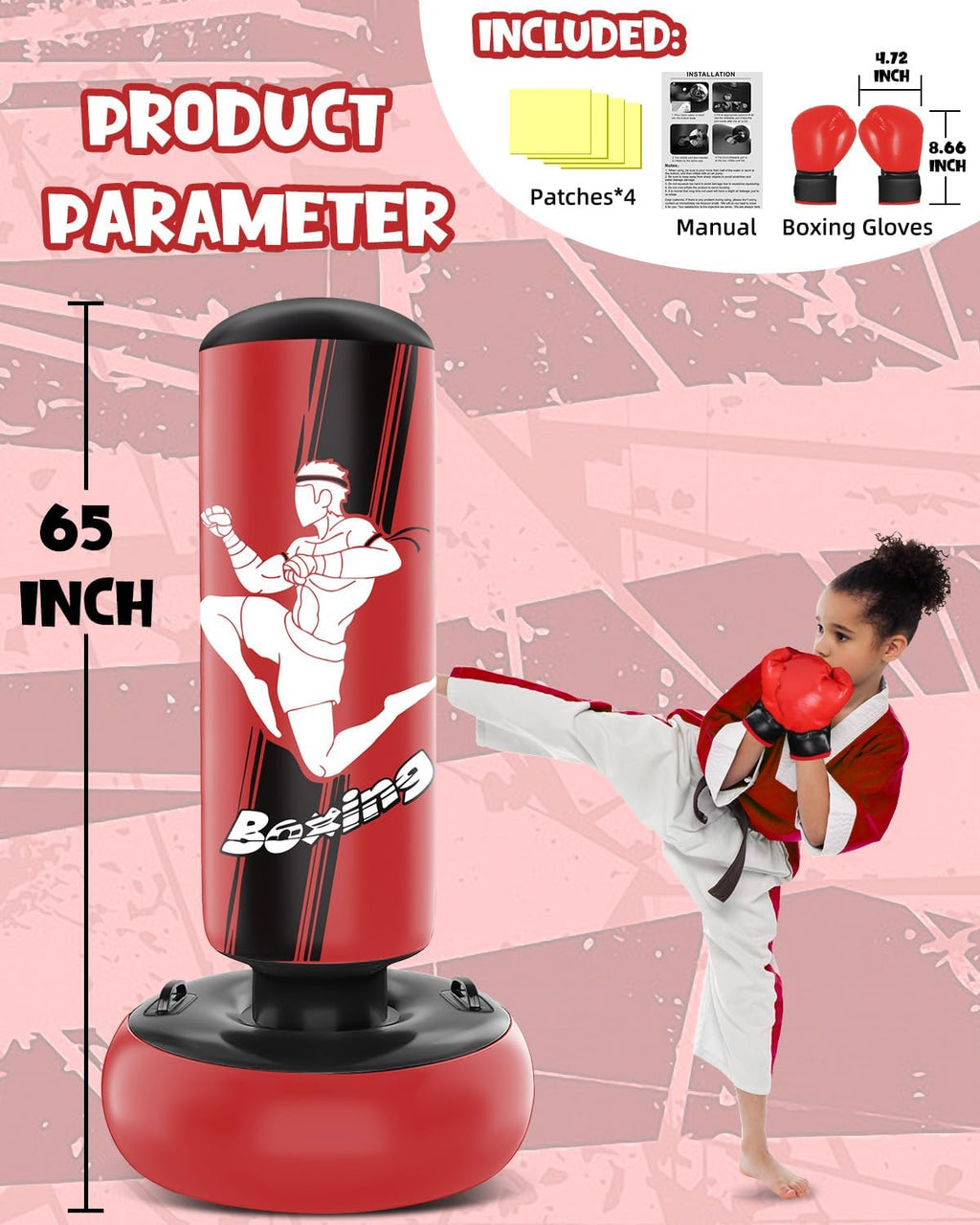 66 Inch Inflatable Punching Bag with Boxing Gloves (Red) S737