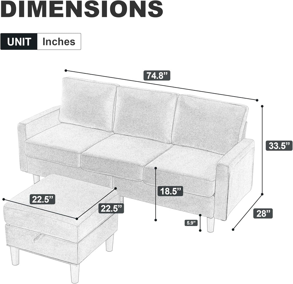Dark Gray Fabric L Shaped Sectional Sofa with Storage Ottoman B2055