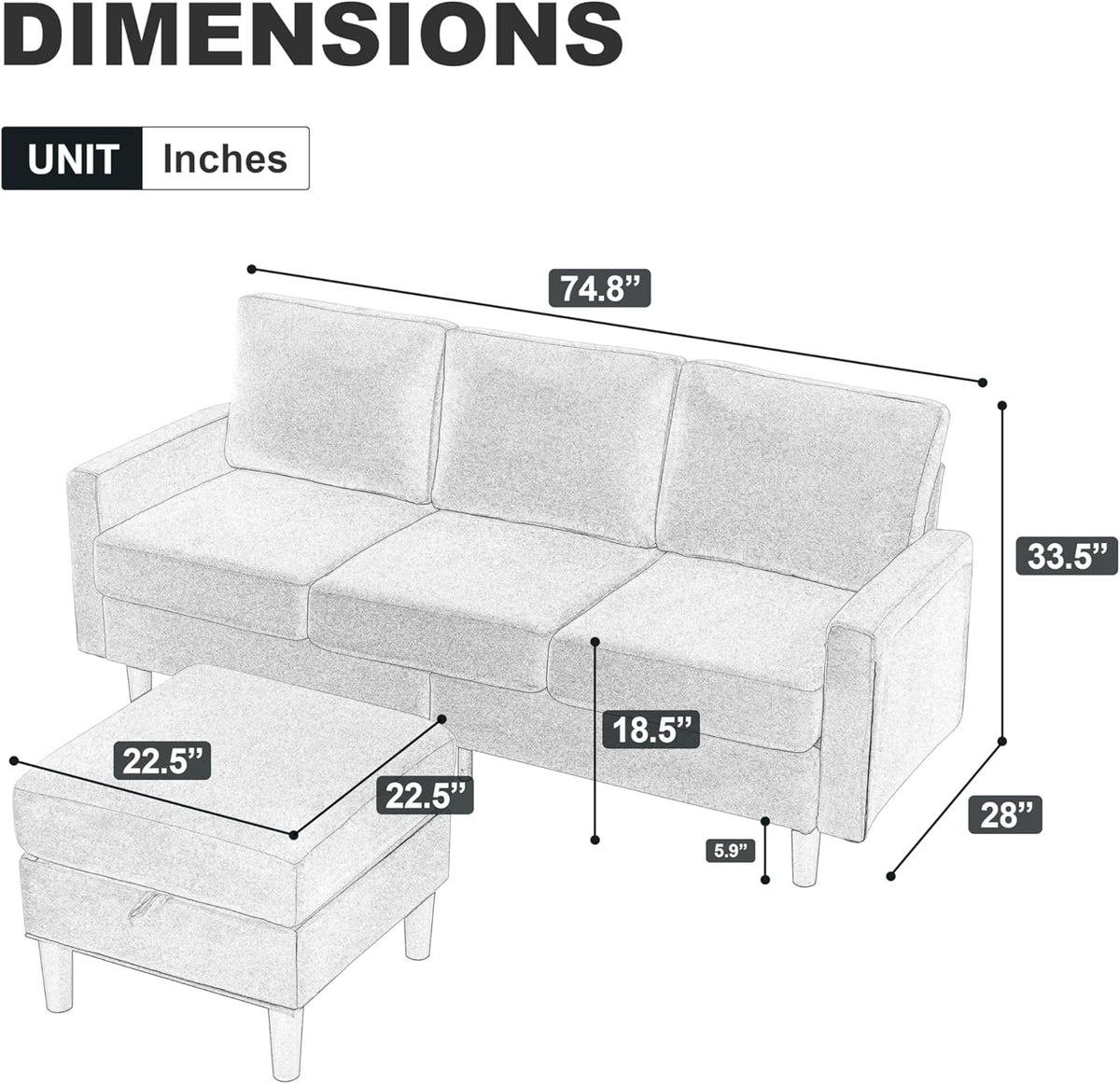 Dark Gray Fabric L Shaped Sectional Sofa with Storage Ottoman B2055