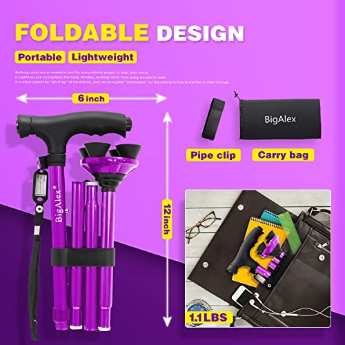 Folding Walking Cane with LED Light, Adjustable Quad Base with Carrying Bag R971