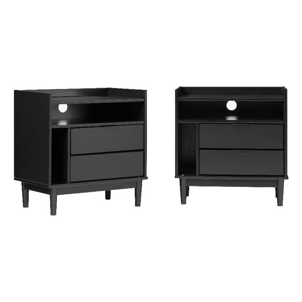 Black Solid Wood 2-Drawer Night Stand T5953