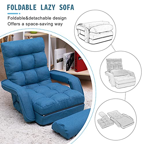 Blue Adjustable Folding Chaise Lounge Sofa with Armrests and Pillow A2407