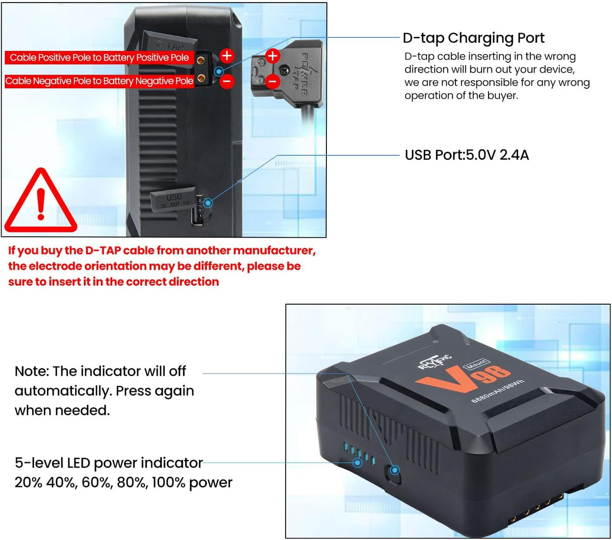 Mini V Mount Battery 98Wh 15A Draw with D-tap to DC Power Cable Q4555