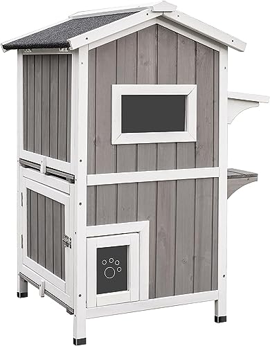 Outdoor Cat Shelter Weatherproof Two Story Wooden Cat House with Openable Roof Escape Door N765