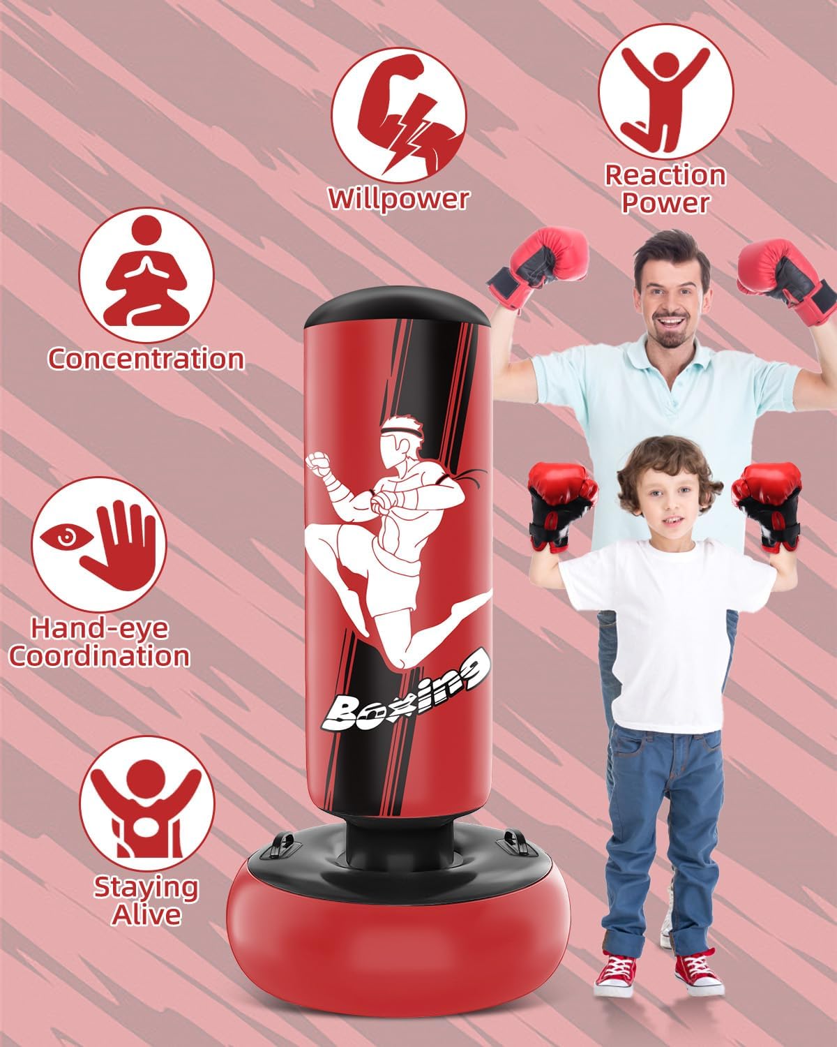 66 Inch Inflatable Punching Bag with Boxing Gloves (Red) S737