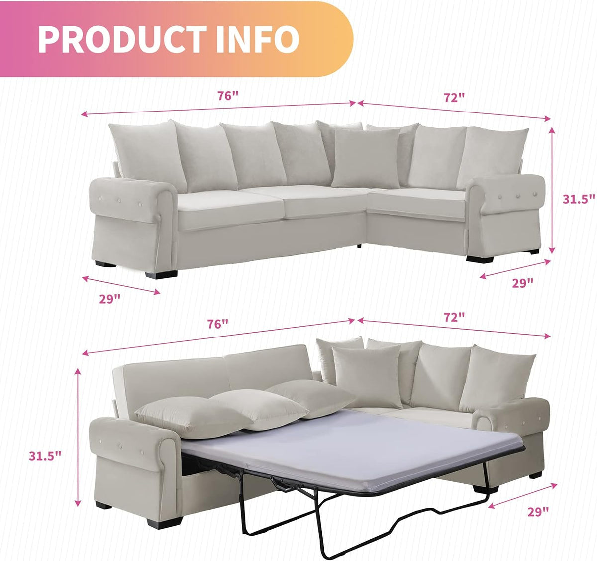 Beige Pull Out Sofa Bed with Folding Foam Mattress E4981