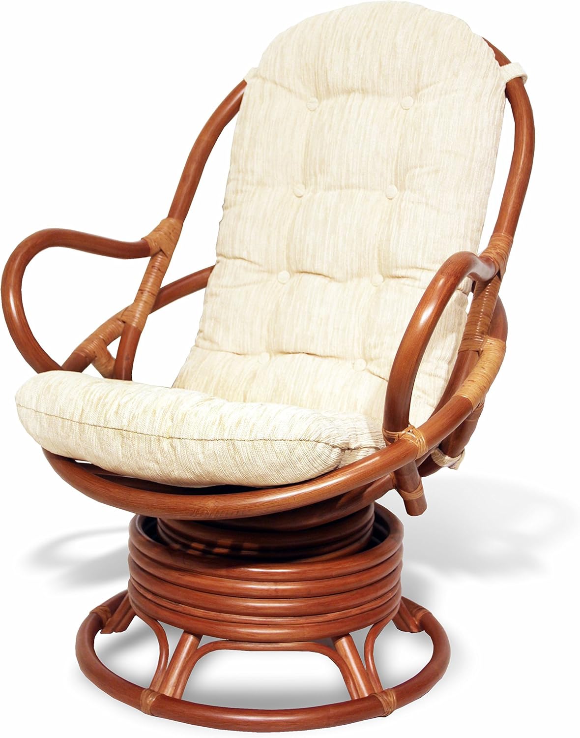 2 PC Natural Rattan Swivel Rocking Chair Set with Cream Cushion and Coffee Table H26882