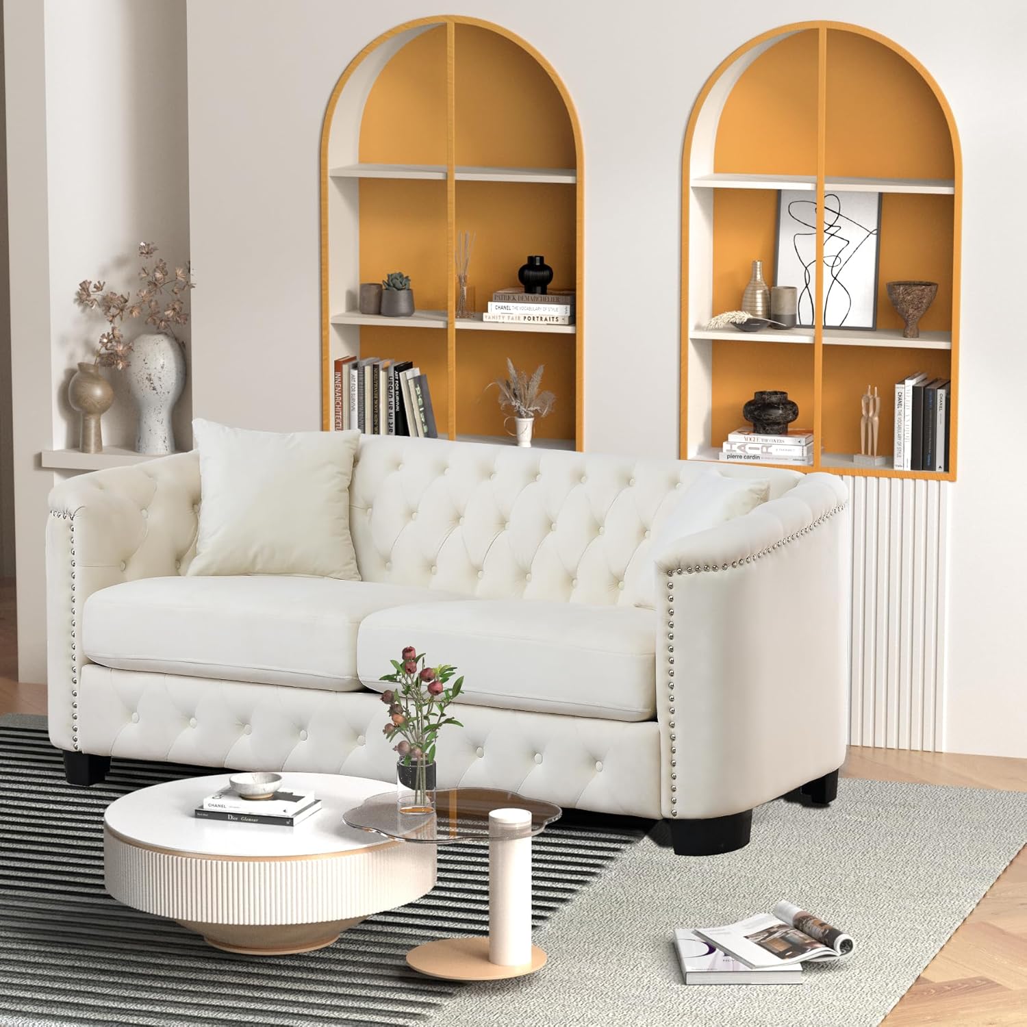 Beige Velvet 3-Seater Sofa with 2 Pillows L813517