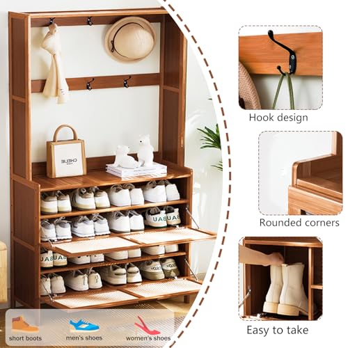 Bamboo Hall Tree with Shoe Storage, 14 Shoe Cubbies, 8 Coat Hooks, Rustic Brown T60268