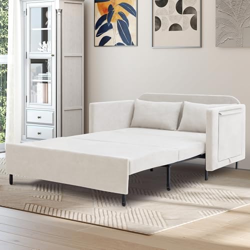 3-in-1 Sleeper Sofa Bed, 51'' Convertible Folding Couch with Pullout Bed, Chenille Futon Sleeper Sofa with Side Table and 2 Pillows, Grey X492320