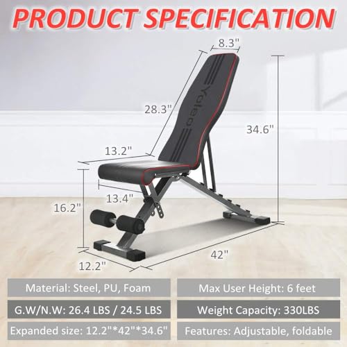 Adjustable Weight Bench, Foldable Folding Bench 330 lbs Capacity, Decline Incline Flat Y15575