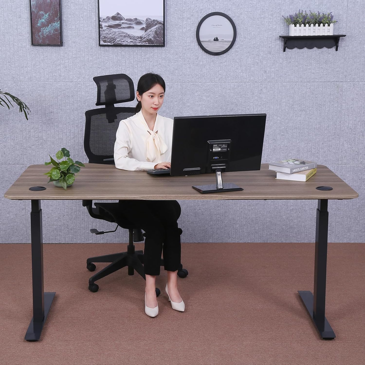 71" x 33" Electric Height Adjustable Desk with Curved Teak Top and Black Frame T395984