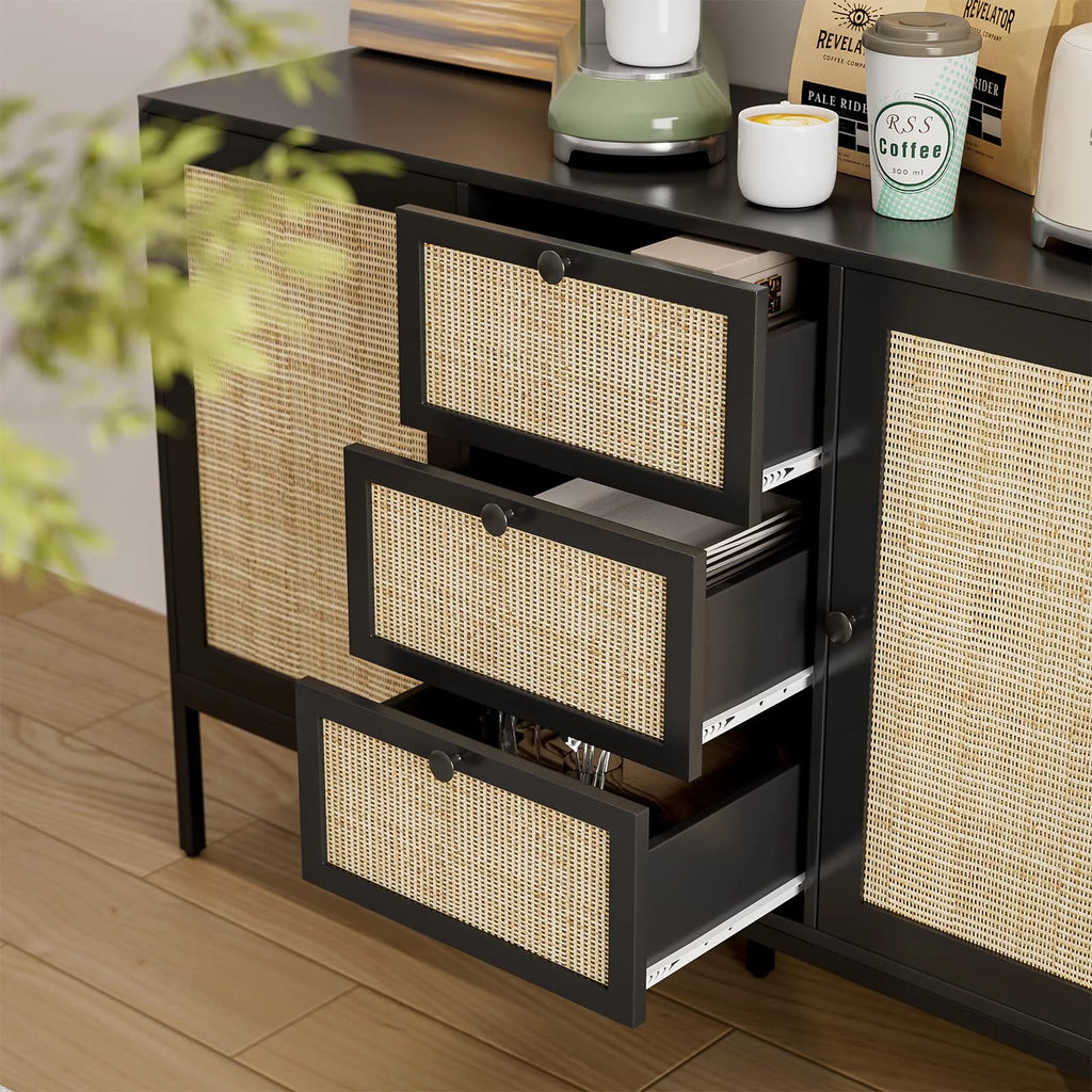 Black Rattan Sideboard Cabinet with 3 Drawers and 2 Doors K961098