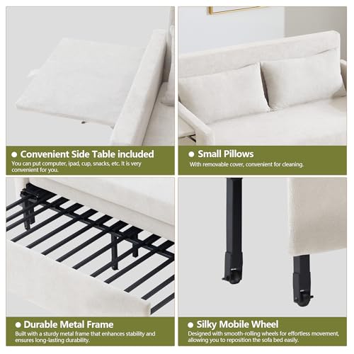 3-in-1 Sleeper Sofa Bed, 51'' Convertible Folding Couch with Pullout Bed, Chenille Futon Sleeper Sofa with Side Table and 2 Pillows, Grey X492320