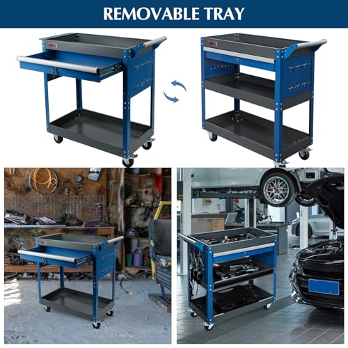 Blue 3 Tier Rolling Tool Cart with Drawers T4233