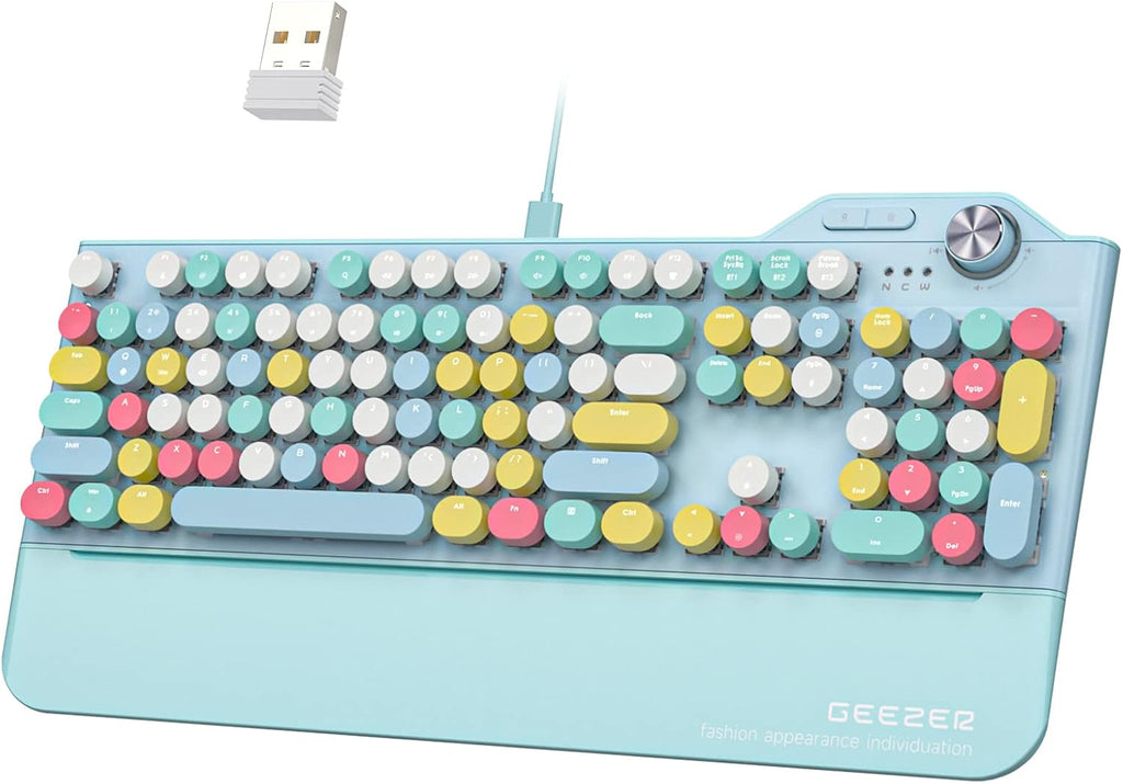 Wireless Mechanical Keyboard with LED Backlit, Bluetooth 5.1/USB Wired Rechargeable 104 Keys Full-Size Blue Switch Round Keycap with Ergonomic Magnetic Wrist Rest T17261