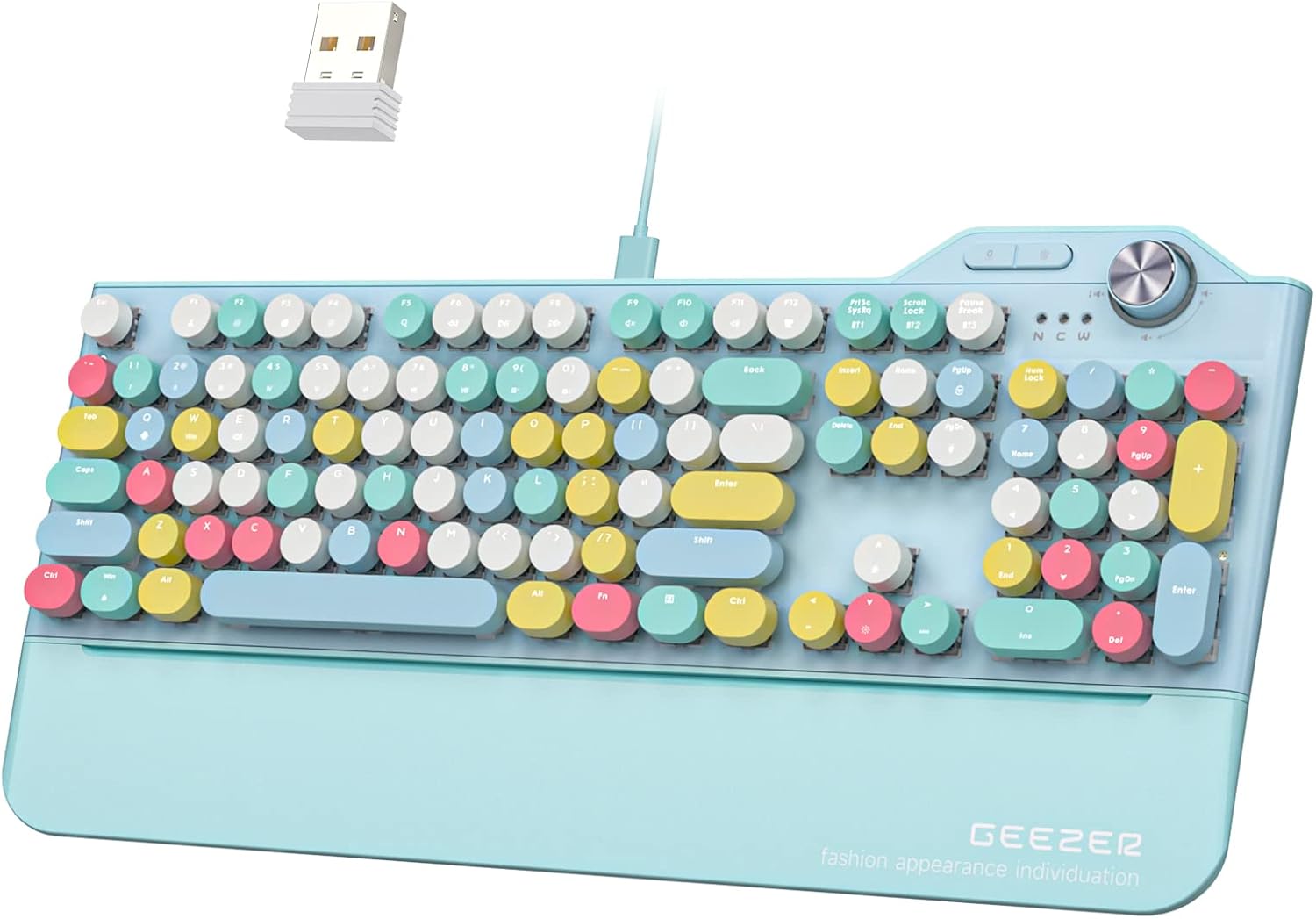 Wireless Mechanical Keyboard with LED Backlit, Bluetooth 5.1/USB Wired Rechargeable 104 Keys Full-Size Blue Switch Round Keycap with Ergonomic Magnetic Wrist Rest T17261
